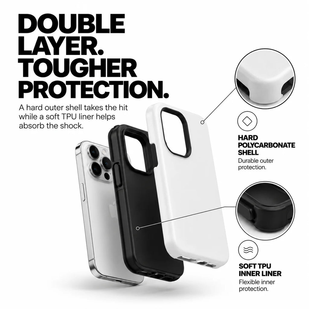 A promotional product graphic showing three smartphone cases on a white background with large marketing text and callout callouts explaining the double-layer protection, hard polycarbonate shell, and soft TPU inner liner.