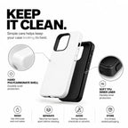 A white and black dual-layer phone case shown on a white background with marketing text and callout circles explaining the hard polycarbonate shell and soft TPU inner liner.