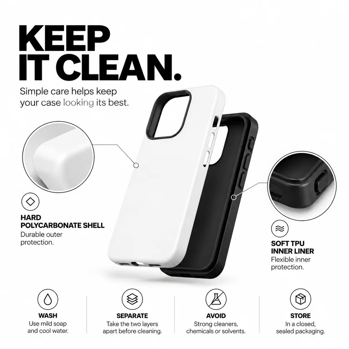A white and black dual-layer phone case shown on a white background with marketing text and callout circles explaining the hard polycarbonate shell and soft TPU inner liner.